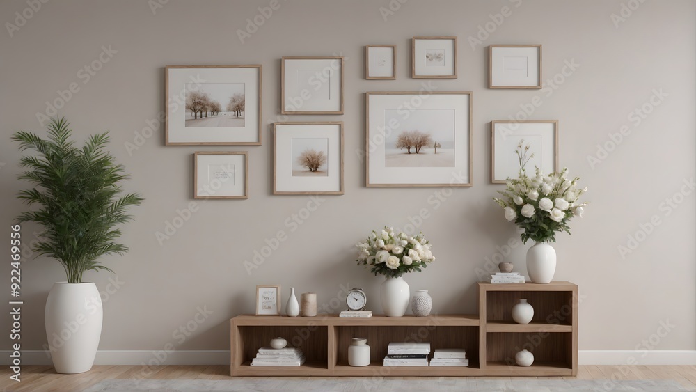 Close up view of the wooden console with other decorative items, photo frames and flowers interior 3d illustration image. Close up view of the wooden console with other decorative items, photo frames and flowers interior 3d illustration image.