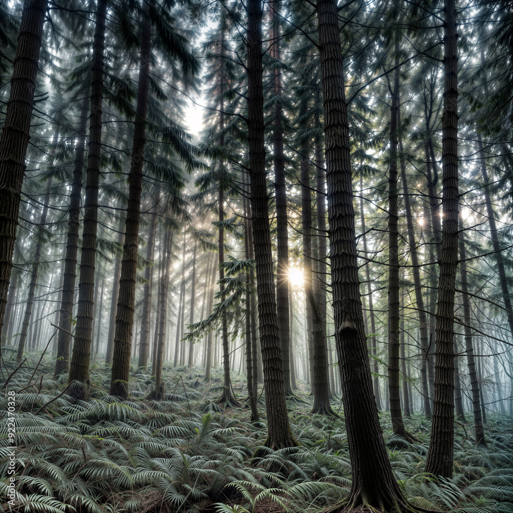 Naklejka premium Forest with mist in the morning 아침에 안개가 낀 숲