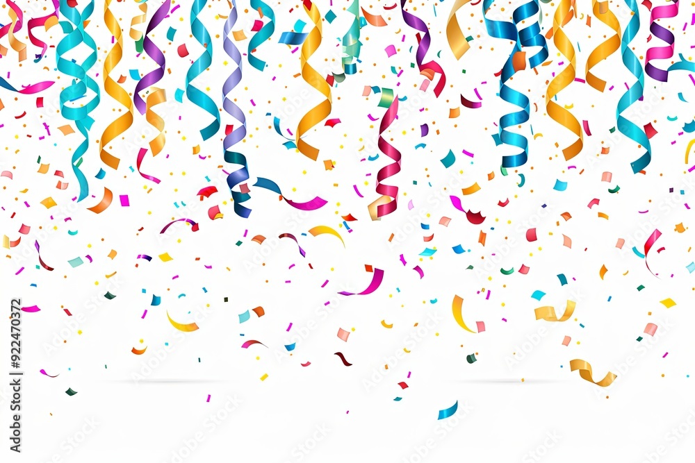 Colorful confetti and curled ribbons falling down on white background. Colorful confetti and curled ribbons falling down on white background.