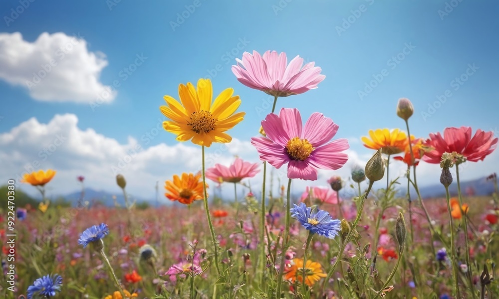 A field of flowers with a bright blue sky in the background generative AI illustration A field of flowers with a bright blue sky in the background generative AI illustration