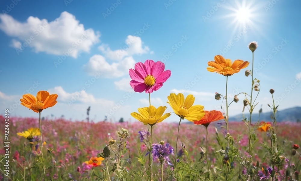 A field of flowers with a bright blue sky in the background generative AI illustration A field of flowers with a bright blue sky in the background generative AI illustration
