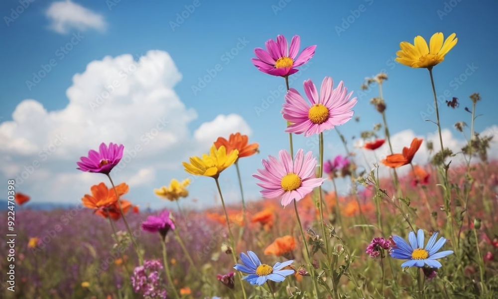 A field of flowers with a bright blue sky in the background generative AI illustration A field of flowers with a bright blue sky in the background generative AI illustration