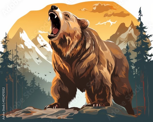 A bear growling fiercely flat design front view rocky mountain animation vivid