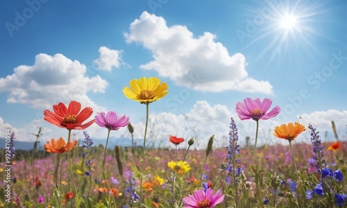 A field of flowers with a bright blue sky in the background generative AI illustration