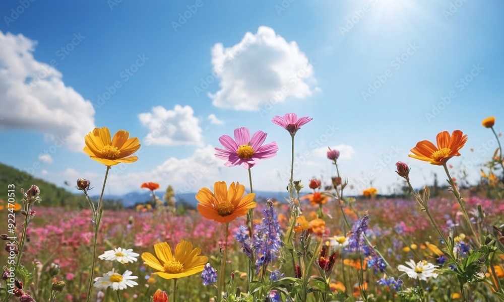 A field of flowers with a bright blue sky in the background generative AI illustration A field of flowers with a bright blue sky in the background generative AI illustration