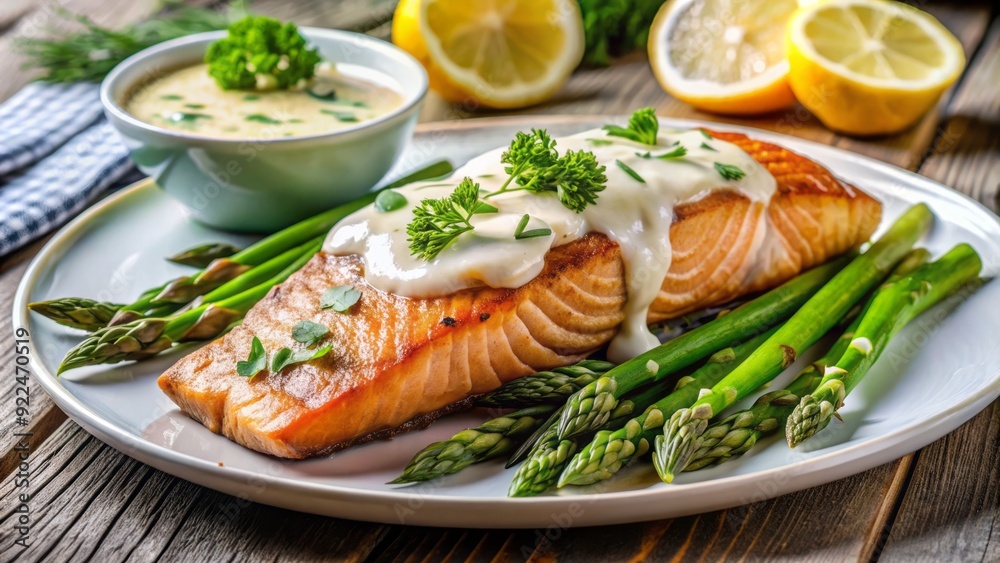 Freshly grilled salmon fillet served atop a bed of tender roasted asparagus, accented with a zesty and refreshing lemon dill sauce. Freshly grilled salmon fillet served atop a bed of tender roasted asparagus, accented with a zesty and refreshing lemon dill sauce.