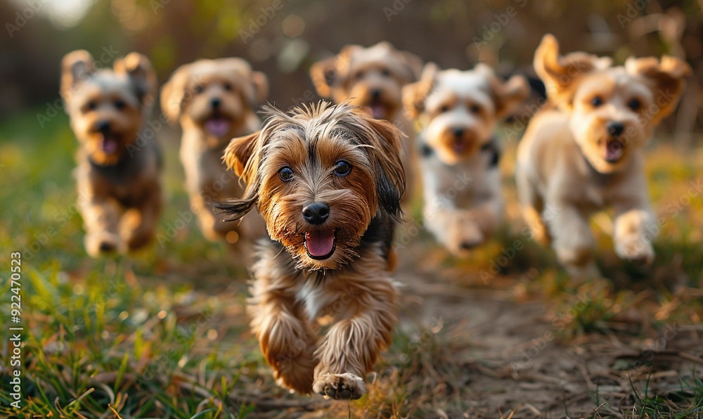 cute funny dogs group running,playing on green grass in park. cute funny dogs group running,playing on green grass in park.