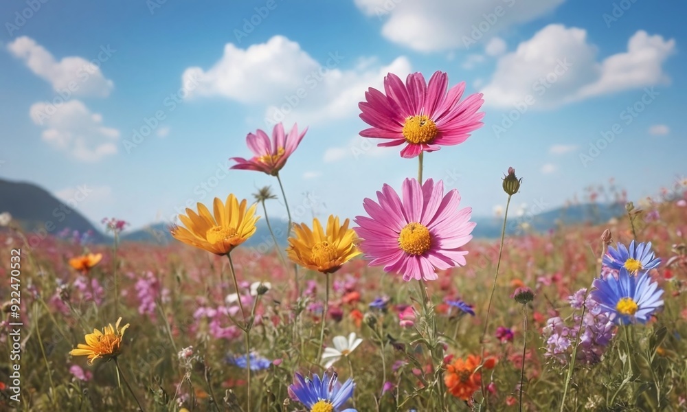 A field of flowers with a bright blue sky in the background generative AI illustration