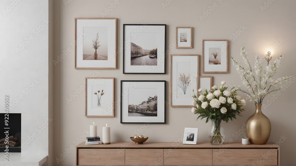Close up view of the wooden console with other decorative items, photo frames and flowers interior 3d illustration image. Close up view of the wooden console with other decorative items, photo frames and flowers interior 3d illustration image.