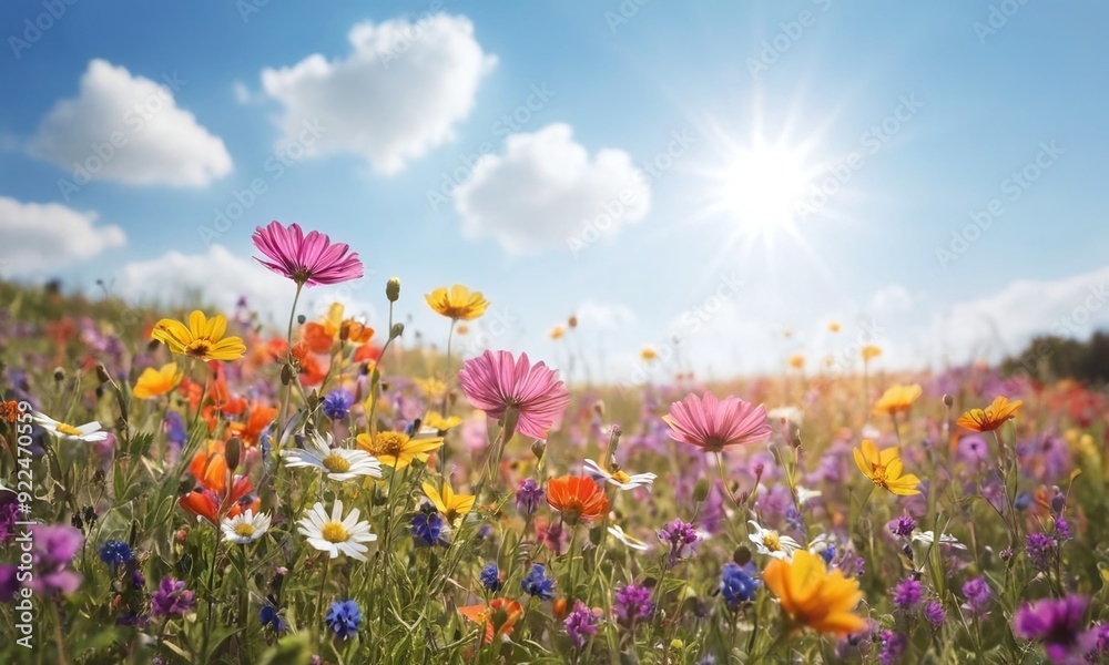 A field of flowers with a bright blue sky in the background generative AI illustration