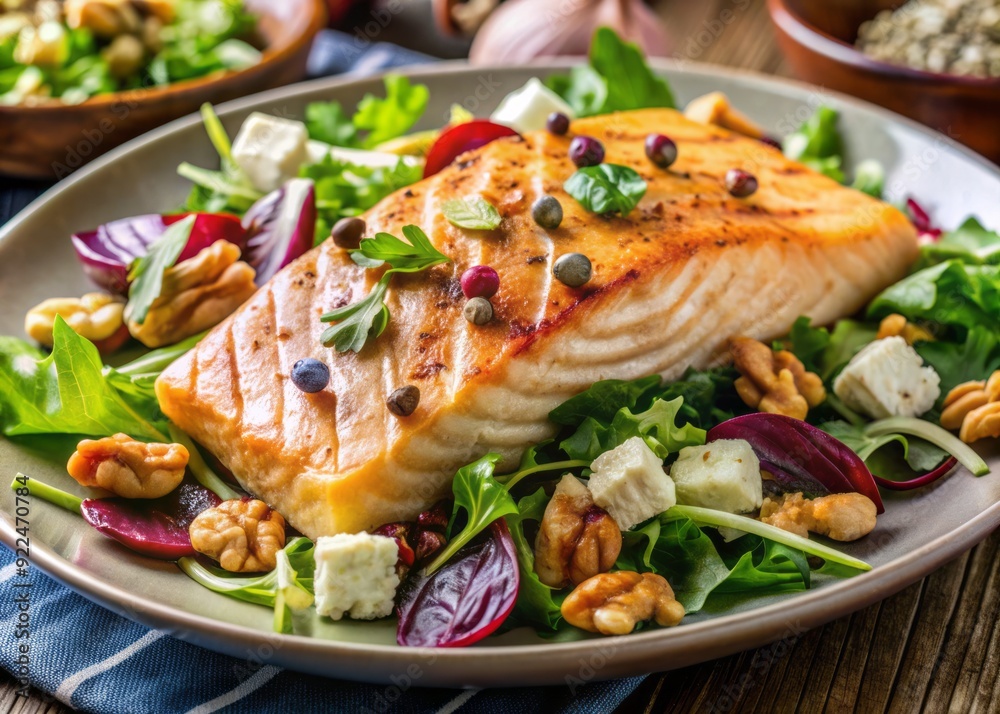 Freshly grilled salmon fillet atop a vibrant mixed green salad with roasted fennel, crunchy walnuts, and creamy blue cheese, perfect for a healthy dinner. Freshly grilled salmon fillet atop a vibrant mixed green salad with roasted fennel, crunchy walnuts, and creamy blue cheese, perfect for a healthy dinner.