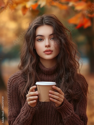 Wallpaper Mural Handsome beautiful girl model in the fall season on the autumn landscape, trees and leaves background, with hot paper glass of coffee in her hands Torontodigital.ca