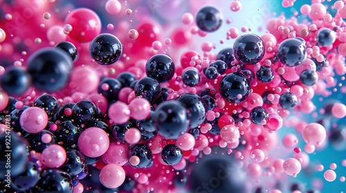  A group of bubbles bobbing above a vibrant blue and pink liquid containing black, pink, and white bubbles