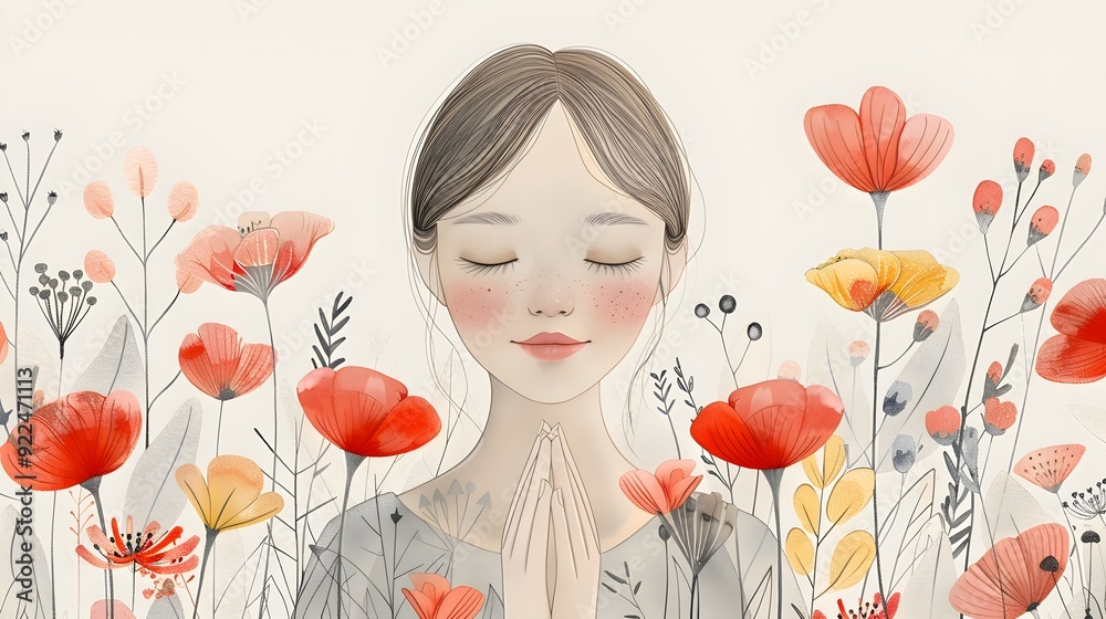 A woman meditates surrounded by soft, delicate flowers, showcasing gratitude, minimal illustration