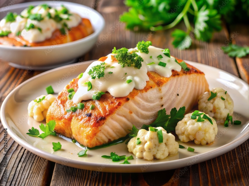 Freshly cooked salmon fillet served atop a bed of roasted cauliflower florets, drizzled with a creamy tahini dressing and garnished with fresh parsley leaves. Freshly cooked salmon fillet served atop a bed of roasted cauliflower florets, drizzled with a creamy tahini dressing and garnished with fresh parsley leaves.