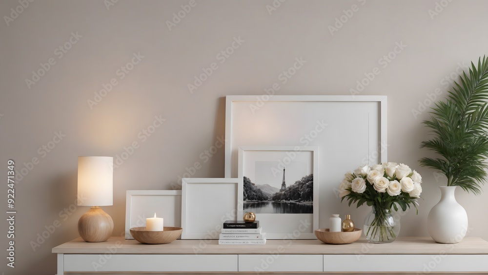 Fototapeta premium A close up living room interior with an empty mock-up poster frame on the wall, wooden console with a few decorative items and flowers interior image 3d illustration.