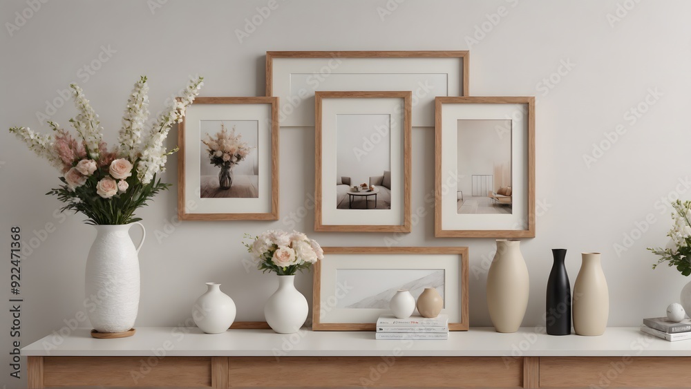 Fototapeta premium A close up living room interior with an empty mock-up poster frame on the wall, wooden console with a few decorative items and flowers interior image 3d illustration.