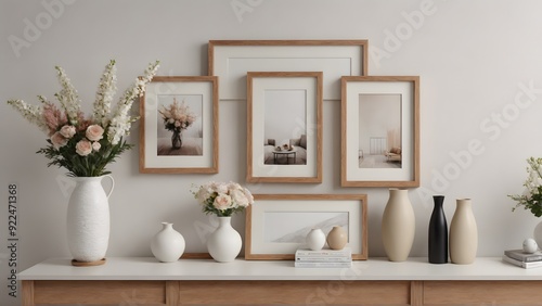 A close up living room interior with an empty mock-up poster frame on the wall, wooden console with a few decorative items and flowers interior image 3d illustration.