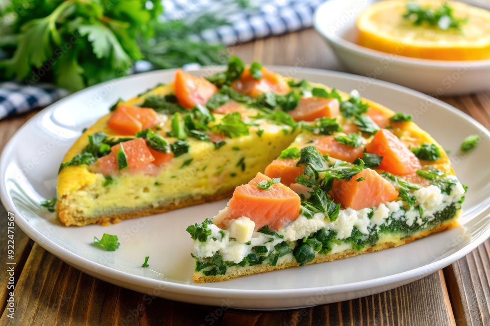 A vibrant and savory breakfast dish featuring a sliced salmon and spinach frittata topped with crumbled feta cheese, garnished with fresh parsley on a white plate. A vibrant and savory breakfast dish featuring a sliced salmon and spinach frittata topped with crumbled feta cheese, garnished with fresh parsley on a white plate.