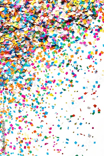 Colorful confetti falling on a white background.