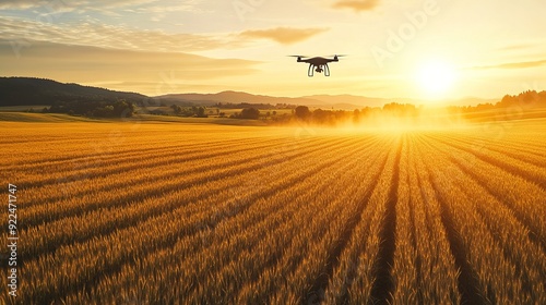 dawn in a farm field filled with golden wheat,