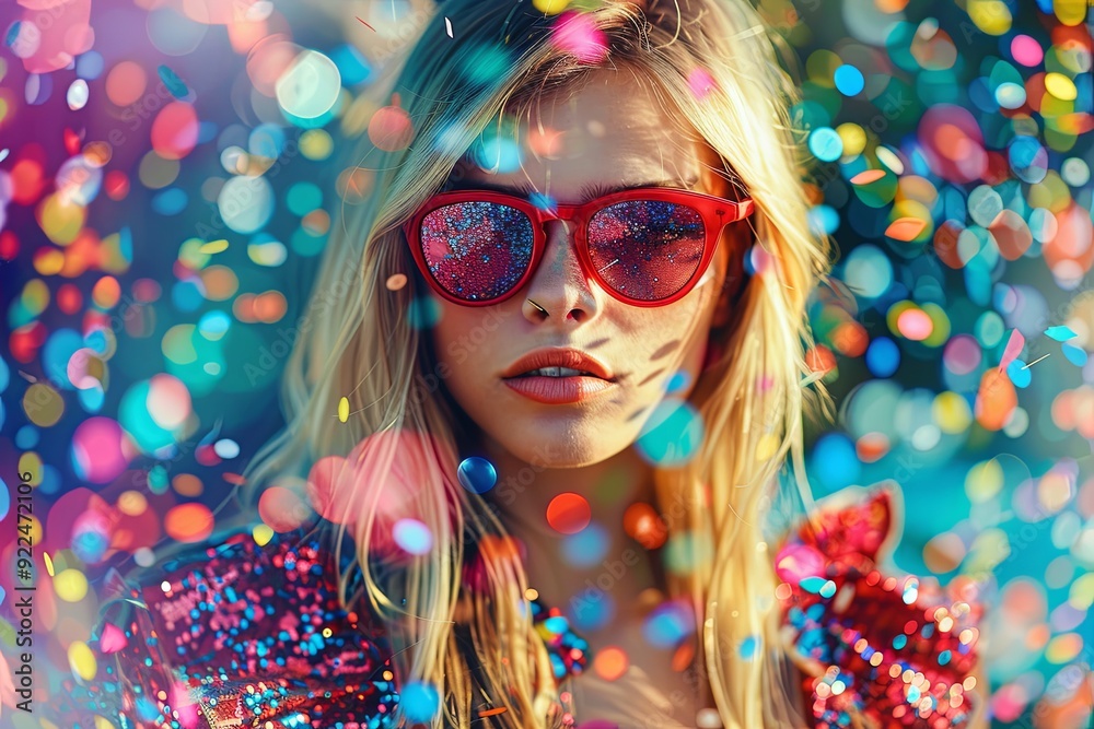 Close-up portrait of a young woman with blonde hair wearing red sunglasses, surrounded by colorful confetti. Close-up portrait of a young woman with blonde hair wearing red sunglasses, surrounded by colorful confetti.