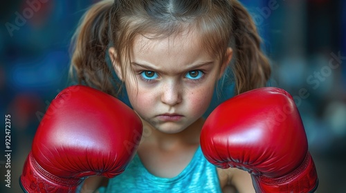 Kids Kickboxing. Girl Boxer Training in Gym, Punching with Gloves