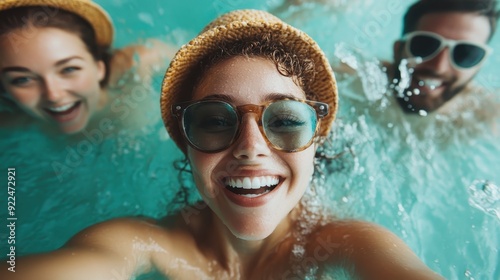 Three cheerful friends, wearing hats and sunglasses, are having fun in a pool, capturing a joyful moment while swimming, illustrating friendship and summer fun.