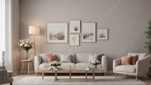 A close up living room interior with an empty mock-up poster frame on the wall, wooden console with a few decorative items and flowers ai generated interior image.