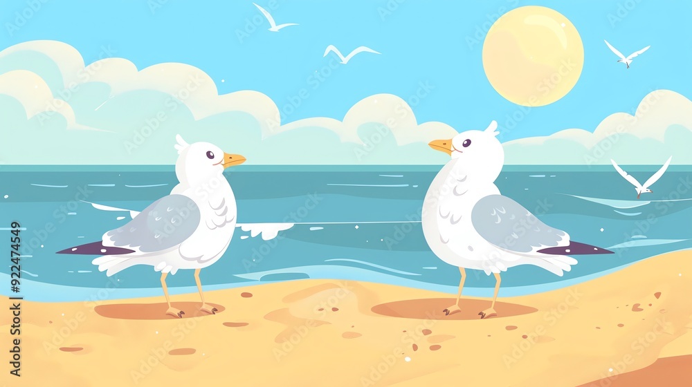 Fototapeta premium Create a illustration of a Seagulls on a sandy beachin a kawaii style, simplified to feature fewer elements for a cleaner look, Use a color palette that is appealing to children, with bright an