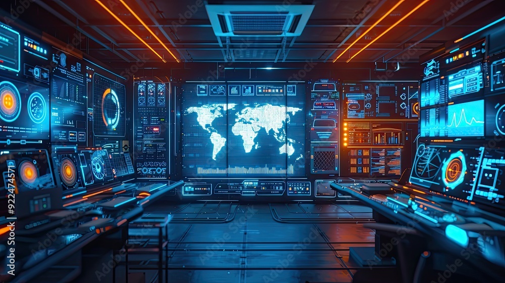 Remote working space with hightech equipment, depicting the future of work. Remote working space with hightech equipment, depicting the future of work.