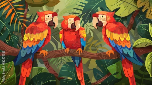 Create a illustration of a Scarlet macaws in the junglein a kawaii style, simplified to feature fewer elements for a cleaner look, Use a color palette that is appealing to children, with bright photo