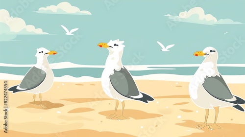 Create a vector illustration of a Seagulls on a sandy beachin a kawaii style, simplified to feature fewer elements for a cleaner look, Use a color palette that is appealing to children, with bright an photo