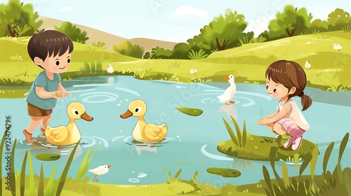 Create a illustration of a Children observing ducks in a pondin a kawaii style, simplified to feature fewer elements for a cleaner look, Use a color palette that is appealing to children, with photo