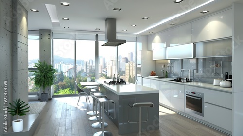 Sleek Gray Kitchen Interior with Modern Countertops