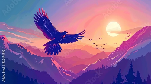 Create a illustration of a Hawks soaring over a mountainin a kawaii style, simplified to feature fewer elements for a cleaner look, Use a color palette that is appealing to children, with brigh photo