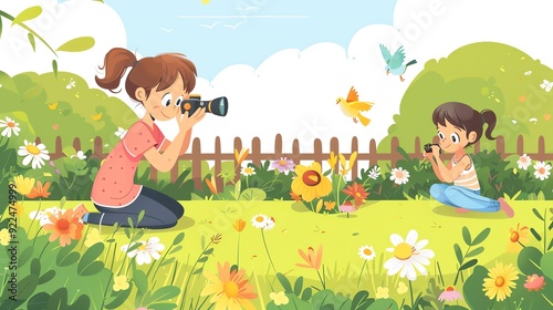 Create a illustration of a Children photographing birds in a gardenin a kawaii style, simplified to feature fewer elements for a cleaner look, Use a color palette that is appealing to children, photo