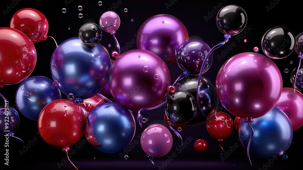 A group of balloons drifting in the sky with water beads beneath them A group of balloons drifting in the sky with water beads beneath them