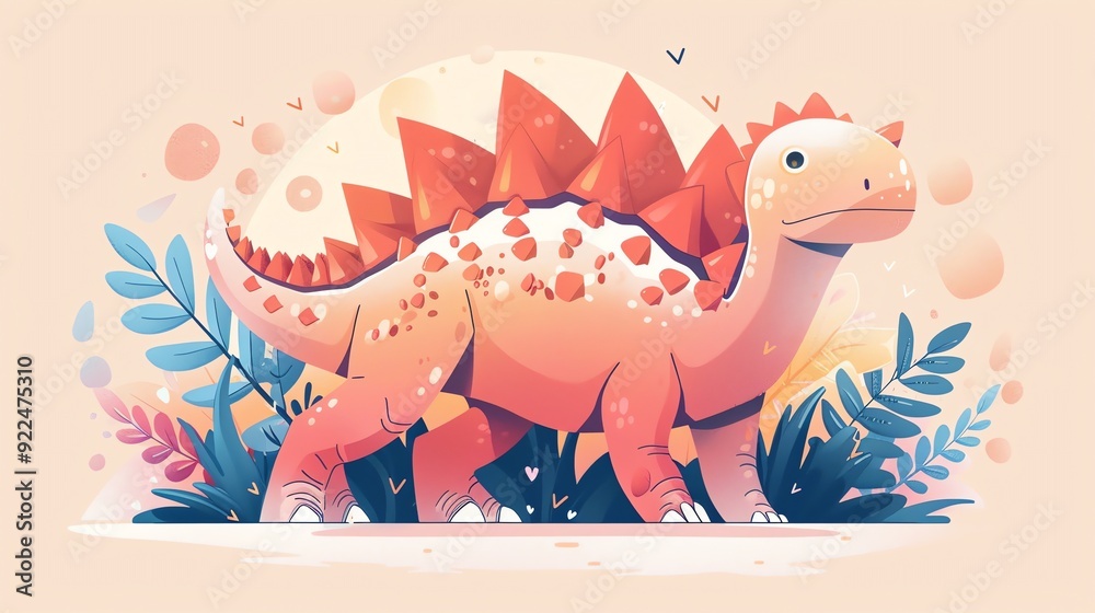 Create a illustration of a Stegosaurus with its spiked tailin a kawaii style, simplified to feature fewer elements for a cleaner look, Use a color palette that is appealing to children, with br Create a illustration of a Stegosaurus with its spiked tailin a kawaii style, simplified to feature fewer elements for a cleaner look, Use a color palette that is appealing to children, with br