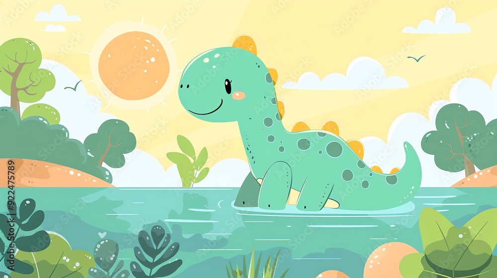 Obraz premium Create a illustration of a Brontosaurus wading in waterin a kawaii style, simplified to feature fewer elements for a cleaner look, Use a color palette that is appealing to children, with bright