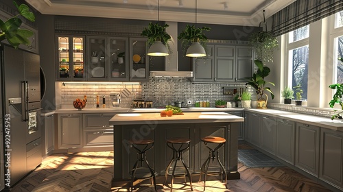 Sleek Gray Kitchen Interior with Modern Countertops
