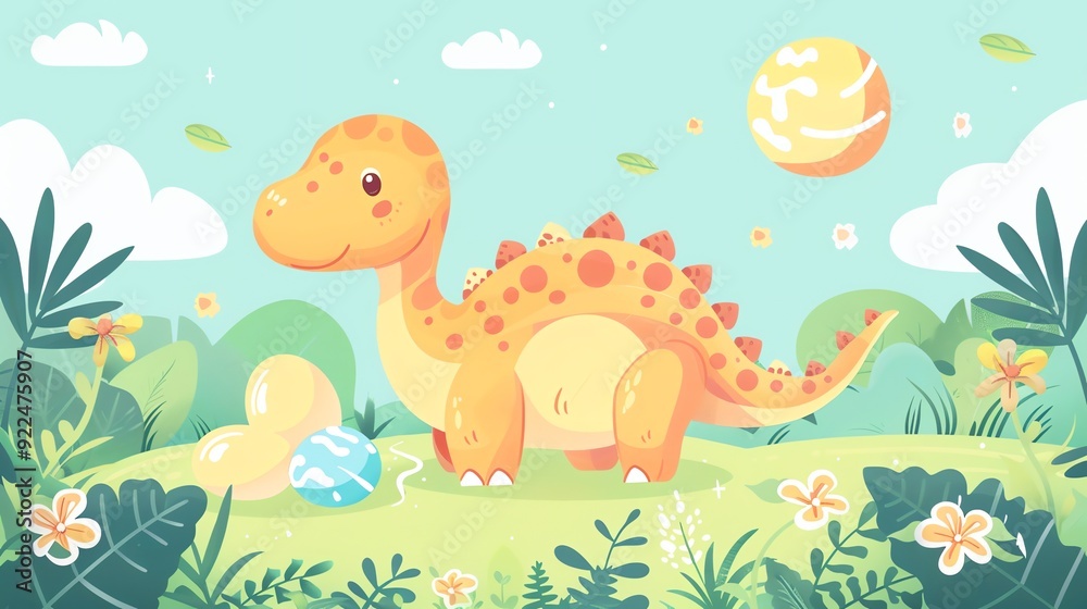 Fototapeta premium Create a illustration of a Maiasaura with its eggsin a kawaii style, simplified to feature fewer elements for a cleaner look, Use a color palette that is appealing to children, with bright and