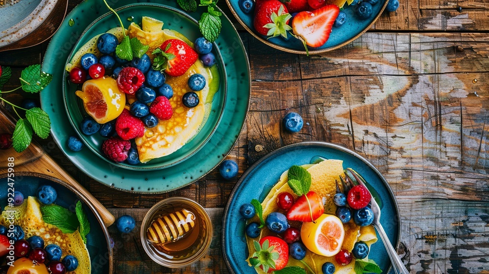 Delicious pancakes with fresh fruit and honey on wooden table. Delicious pancakes with fresh fruit and honey on wooden table.