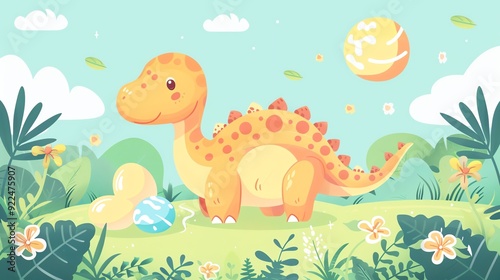 Create a vector illustration of a Maiasaura with its eggsin a kawaii style, simplified to feature fewer elements for a cleaner look, Use a color palette that is appealing to children, with bright and photo