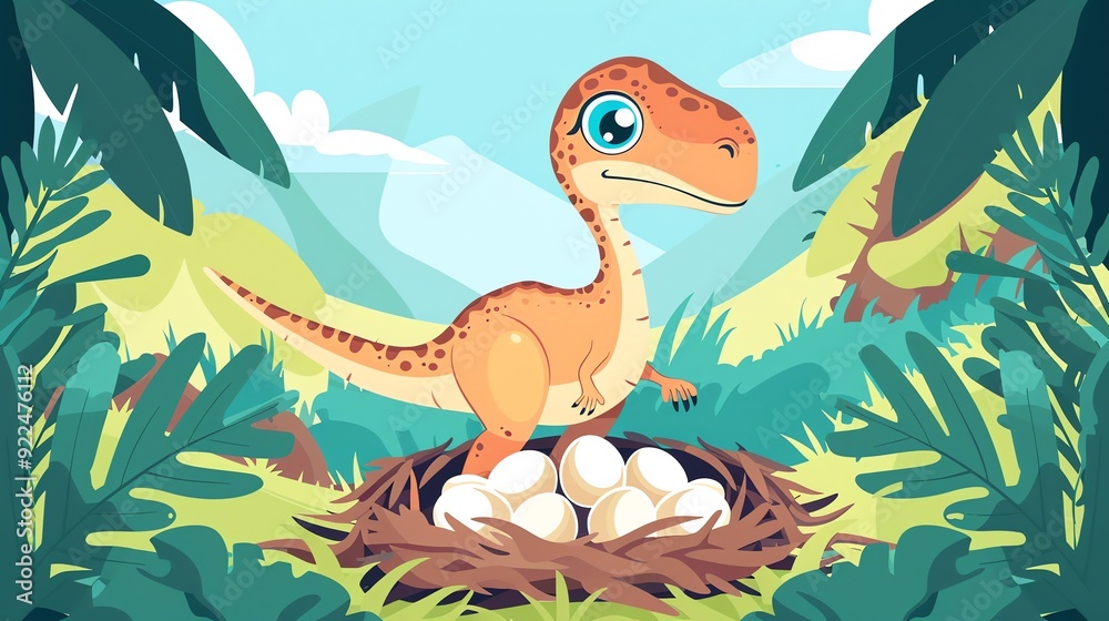 Create a illustration of a Oviraptor with nest of eggsin a kawaii style, simplified to feature fewer elements for a cleaner look, Use a color palette that is appealing to children, with bright Create a illustration of a Oviraptor with nest of eggsin a kawaii style, simplified to feature fewer elements for a cleaner look, Use a color palette that is appealing to children, with bright