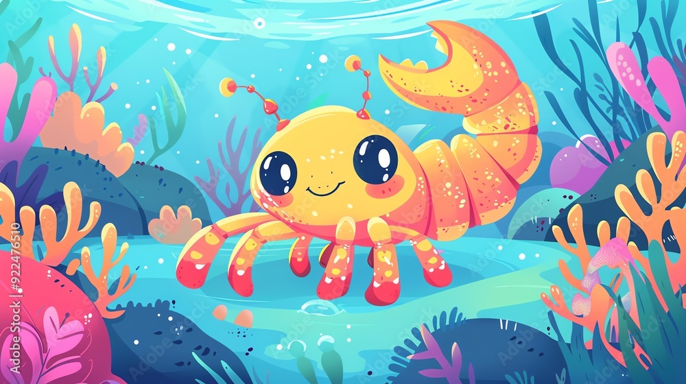 Create a illustration of a Brontoscorpio in a primordial seain a kawaii style, simplified to feature fewer elements for a cleaner look, Use a color palette that is appealing to children, with b Create a illustration of a Brontoscorpio in a primordial seain a kawaii style, simplified to feature fewer elements for a cleaner look, Use a color palette that is appealing to children, with b