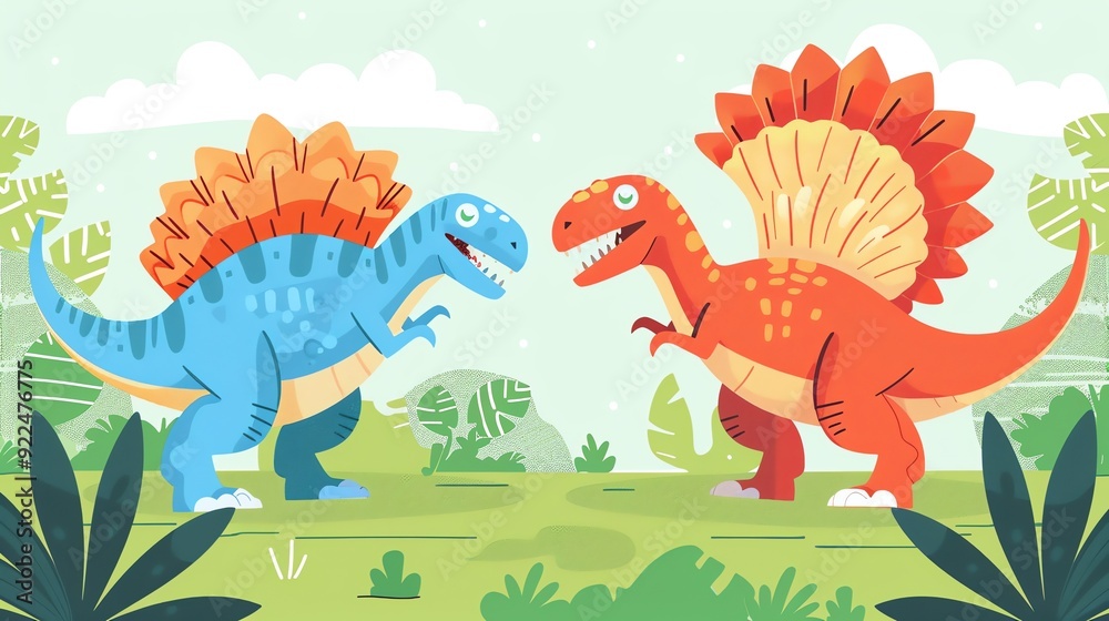 Obraz premium Create a illustration of a Spinosaurus by a riverbankin a kawaii style, simplified to feature fewer elements for a cleaner look, Use a color palette that is appealing to children, with bright a