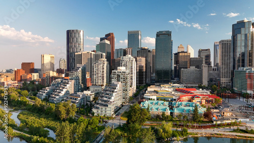 Calgary, Alberta - July 10, 2024: Aerial view of Calgary skyline on a beautiful summer sunset, Alberta - Canada photo