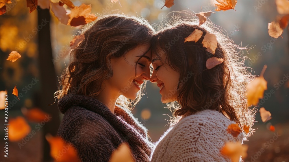 Handsome lovely lesbian couple in the fall season autumn landscape sunny day, maple leafs falling on them Handsome lovely lesbian couple in the fall season autumn landscape sunny day, maple leafs falling on them