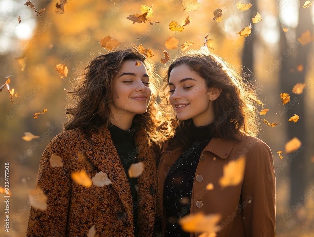 Handsome lovely lesbian couple in the fall season autumn landscape sunny day, maple leafs falling on them Handsome lovely lesbian couple in the fall season autumn landscape sunny day, maple leafs falling on them